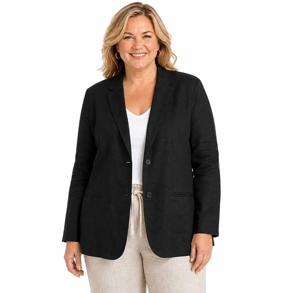 Lands End 100% Linen Solid Black Coastal Summer Workwear Blazer Suit Jacket XL